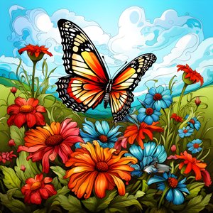 Mariposa en un prado con un enrejado de flores 4