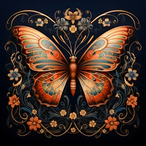 Mariposa en el centro, simétrica, con flores al fondo 1