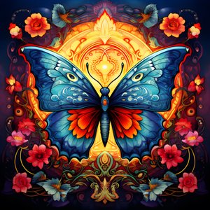 Mariposa en el centro, simétrica, con flores al fondo 2