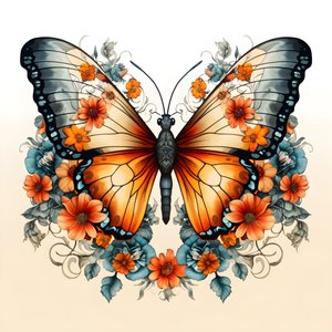 Mariposa en el centro, simétrica, con flores al fondo 3