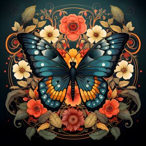 Mariposa en el centro, simétrica, con flores al fondo 4