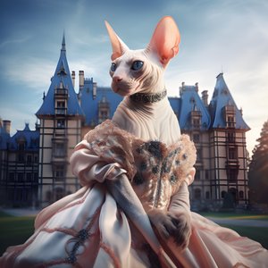 Gato Sphynx con vestido de baile sobre el fondo de un magnífico palacio de estilo medieval 3