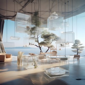 Edificio transparente con la mesa isla en el centro 1