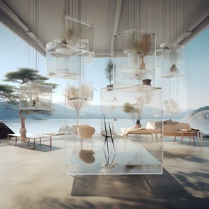 Edificio transparente con la mesa isla en el centro 2