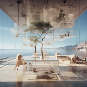 Edificio transparente con la mesa isla en el centro 4