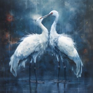 Hermoso, precioso, cinematográfico cuadro, dos grullas besándose bajo la lluvia 3