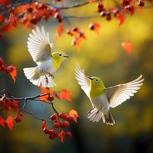 Dos monísimos pájaros verdes de ojos blancos despliegan sus alas y vuelan entre las otoñales hojas de arce 1