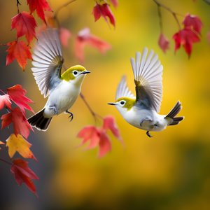 Dos monísimos pájaros verdes de ojos blancos despliegan sus alas y vuelan entre las otoñales hojas de arce 2