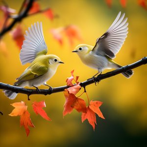 Dos simpáticos pájaros verdes de ojos blancos despliegan sus alas y vuelan entre las otoñales hojas de arce 4