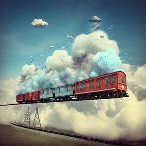 un tren de las redes sociales que vuela a toda velocidad por las nubes y pende de un hilo 3