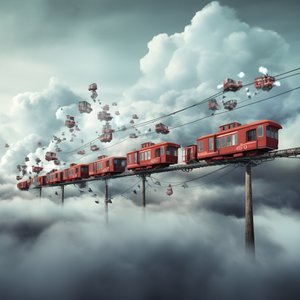 un tren de las redes sociales que vuela a toda velocidad por las nubes y pende de un hilo 4