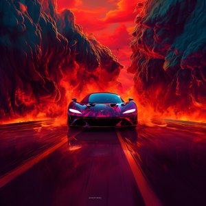 un coche de lujo es conducido por un camino con rojo resplandeciente de fondo 3