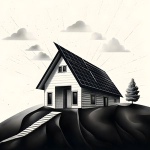 una ilustración de una casa con paneles solares, con una enorme flecha detrás apuntando hacia la derecha y hacia arriba 1