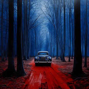 coche azul en un bosque rojo 1