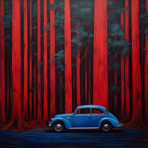 coche azul en un bosque rojo 2