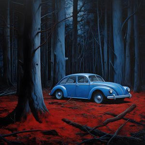 coche azul en un bosque rojo 4