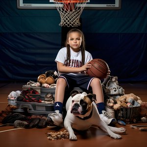 una niña de 10 años espera sentada con su perro en el suelo sosteniendo una carpeta con la foto 2
