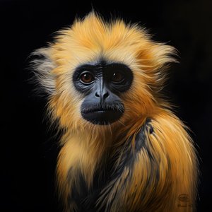 una pintura de la cara de un langur dorado con fondo negro 3