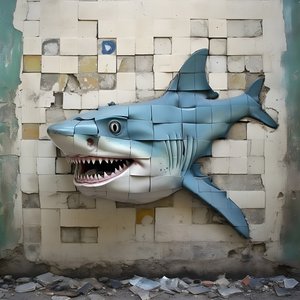 un tiburón azul con la cara pintada en una pared vieja 3