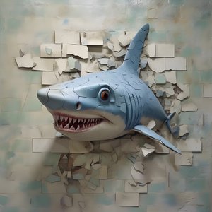 un tiburón azul con la cara pintada en una vieja pared 4