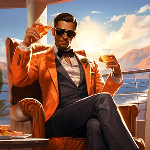 un hombre rico, bien vestido, se sienta en un crucero privado y bebe un cóctel 1