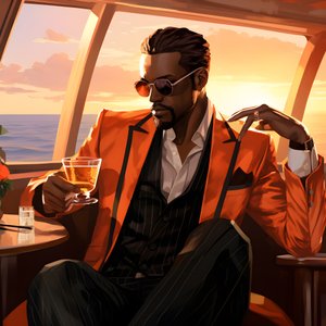 un hombre rico, bien vestido, se sienta en un crucero privado y bebe un cóctel 2