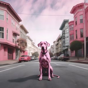 un perro rosa en medio de la ciudad de san fransisco 1