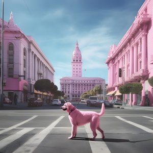 un perro rosa en medio de la ciudad de san fransisco 3