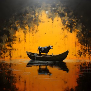una vaca en una barca en un lago 1