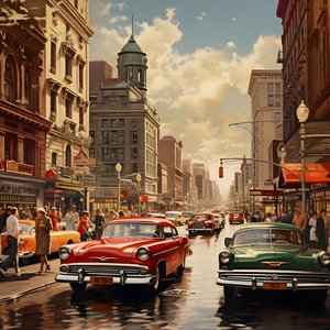 una ciudad en los años 50 con coches rojos 3 de Kurt Heppke