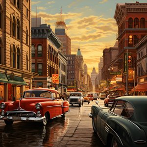 una ciudad en los años 50 con coches rojos 4
