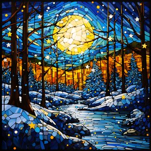 una escena del bosque nevado con estrellas 3