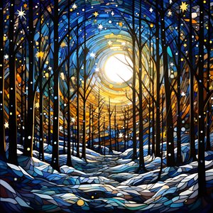 una escena del bosque nevado con estrellas 4