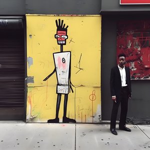 una figura pintada cobra vida mientras camina por una calle de Nueva York, foto surrealista 2