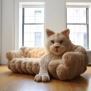 un gato gigante de ganchillo en un salón realista 1