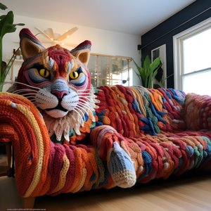un gato gigante de ganchillo en un salón realista 2