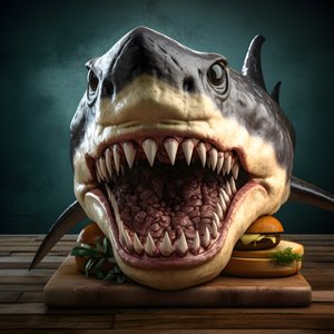 hamburguesa grande con queso y cabeza de tiburón sobre tabla de madera 1