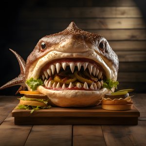 hamburguesa grande con queso y cabeza de tiburón en tabla de madera 2 de Kurt Heppke