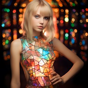 bonita chica rubia de 14 años lleva un colorido vestido de tiffany vidrieras 1