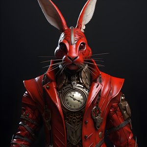 conejo androide cibernético antropomórfico masculino, con bata roja 1