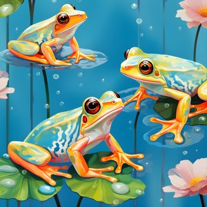 patrón sin fisuras de una pintura de ranas de dibujos animados bastante naranja y amarillo sentado en el follaje de los lirios en la lluvia de agua de la acuarela 2