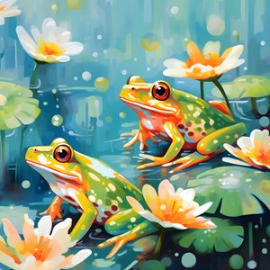patrón sin fisuras de una pintura de ranas de dibujos animados bastante naranja y amarillo sentado en el follaje de los lirios en la lluvia de agua de la acuarela 3