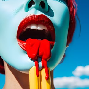super cerca de una paleta de colores derritiendose junto a la boca de una mujer 3
