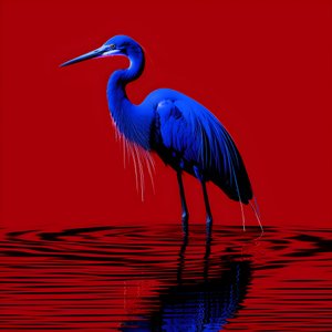 obra de arte digital synthwave de una exótica garceta azul cobalto sobre papel rojo 2