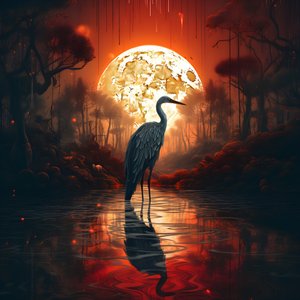 agua y un gran pájaro de pie en el atardecer de luna llena 3