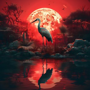 agua y un gran pájaro de pie en el atardecer de luna llena 4