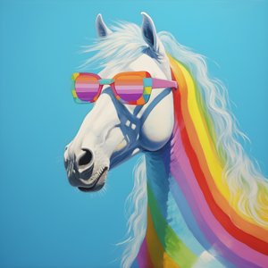 Caballo blanco con gafas arco iris sobre fondo azul 2