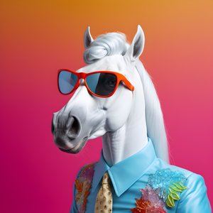 Caballo blanco con gafas arco iris sobre fondo azul 3