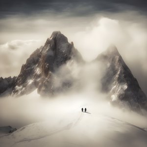 dos personas esquiando sobre una montaña nublada 2