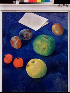 Frutas sobre un mantel azul. Pintura de Kuzma Sergeevich Petrov Vodkin (Petrov-Vodkin) (Kouzma Petrov Vodkin) (Petrov-Vodkin) (1878-1939), óleo sobre lienzo de Kuzma Sergeevich Petrov Vodkin